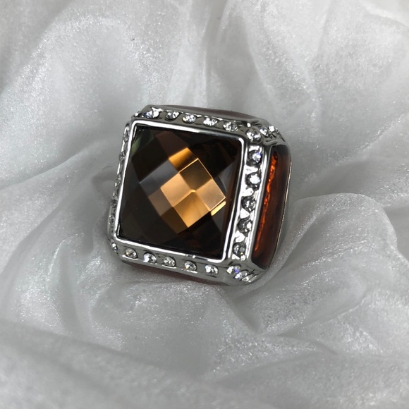 Smoky Quartz Ring Men's Size 8 Square Simulated Stones Faceted Silver Tone Band - Picture 3 of 13